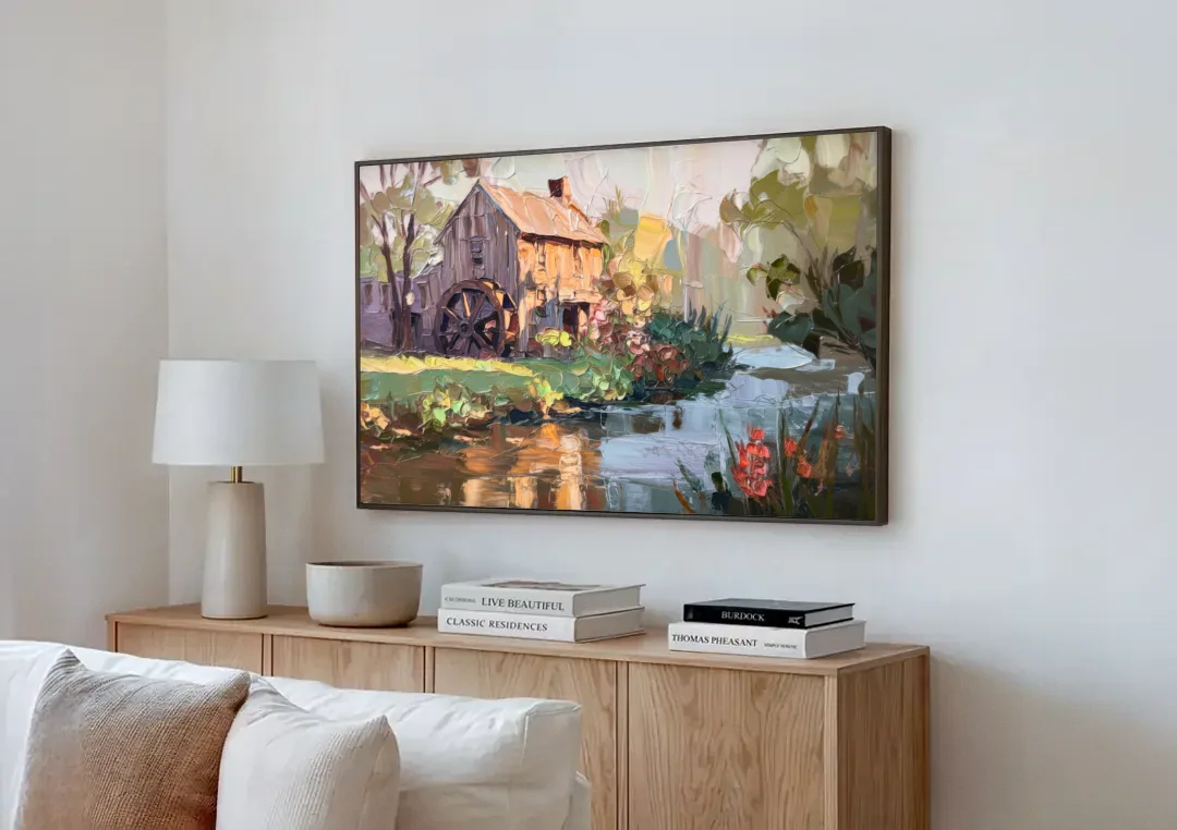 Rochester Flour Mill History canvas wall art above a wooden sideboard next to a sofa