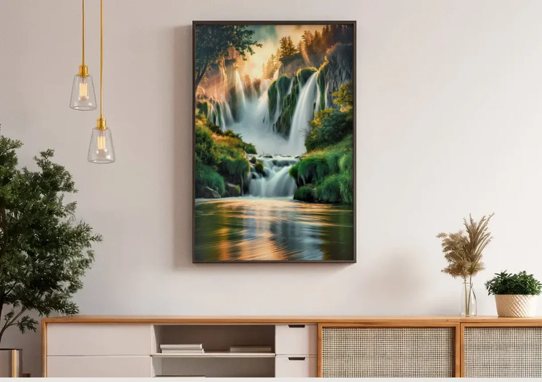 Rochester High Falls Panorama canvas wall art above a wooden sideboard under pendant lights