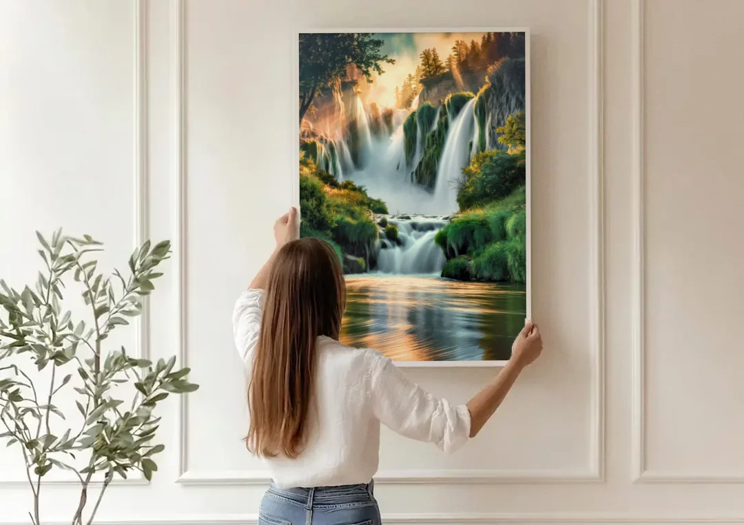 Rochester High Falls Panorama canvas wall art being hung on a paneled wall