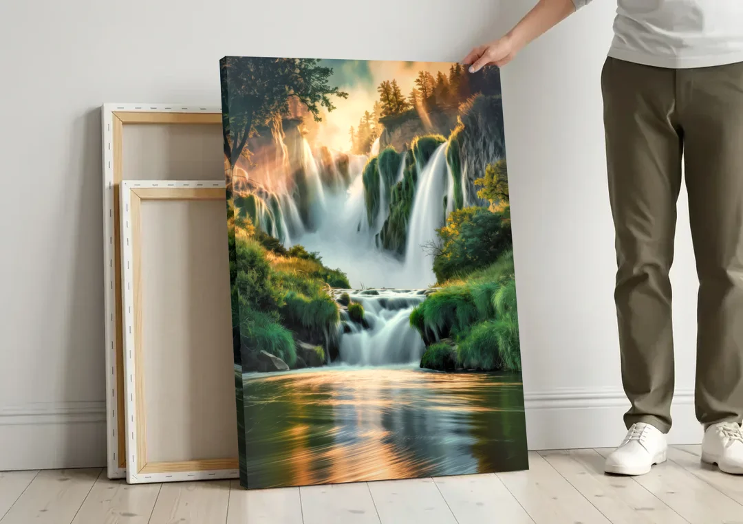 Rochester High Falls Panorama canvas wall art leaning against a wall next to blank canvases