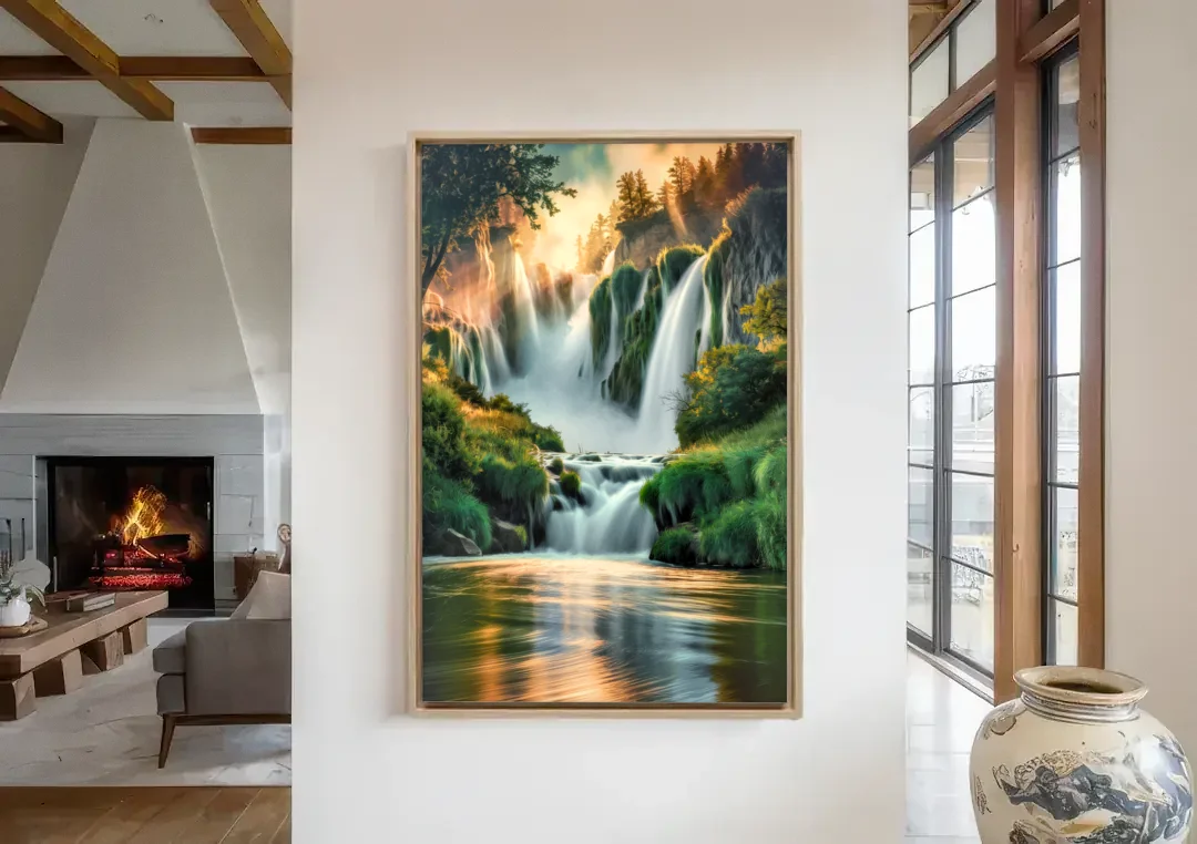 Rochester High Falls Panorama canvas wall art in a living room with a fireplace