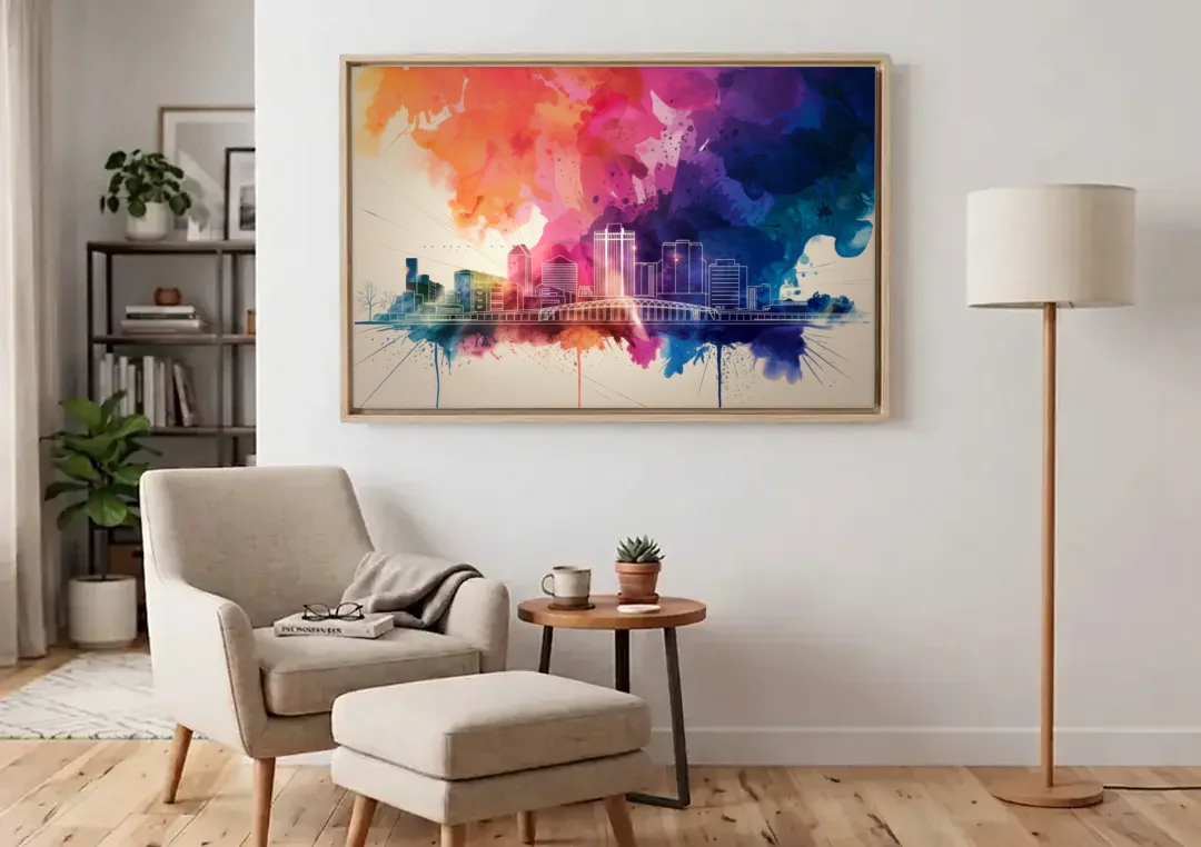 Rochester Skyline At Sunset canvas wall art above an armchair in a bright living room