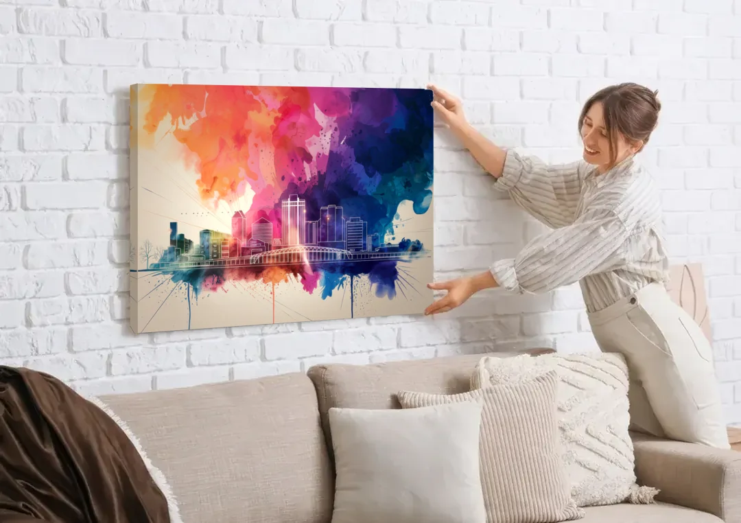 Rochester Skyline At Sunset canvas wall art being hung on a white brick wall above a sofa