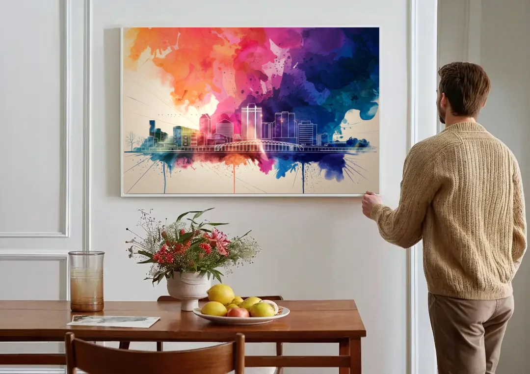Rochester Skyline At Sunset canvas wall art above a dining table
