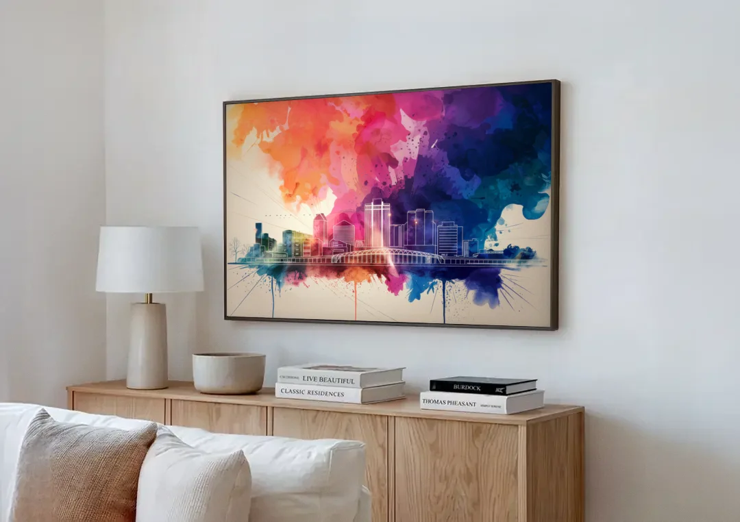Rochester Skyline At Sunset canvas wall art above a wooden sideboard next to a sofa