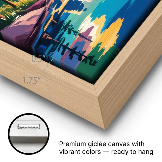 Rocky Mountain Serenity - Oak Framed Canvas Wall Art - Gallery Wrap Corner