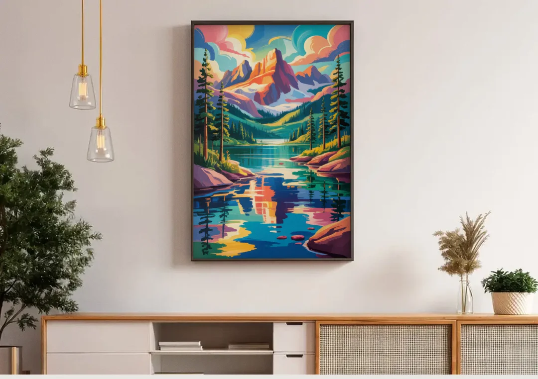 Rocky Mountain Serenity canvas wall art above a wooden sideboard under pendant lights