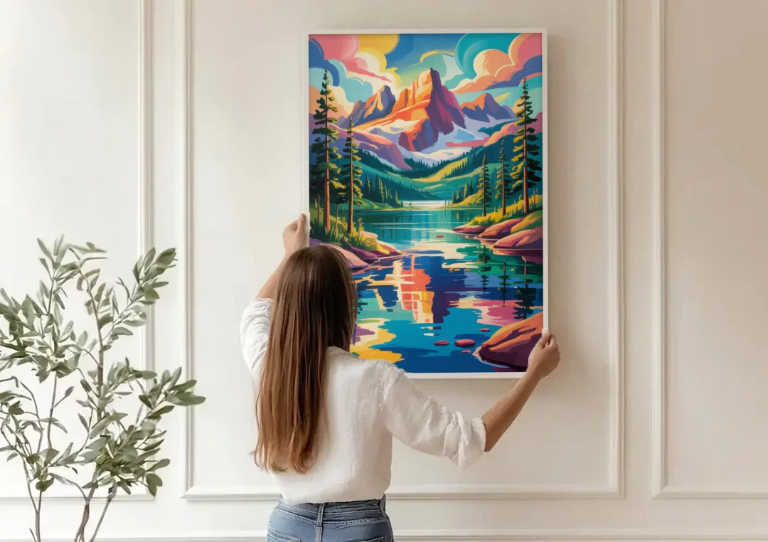 Rocky Mountain Serenity canvas wall art being hung on a paneled wall