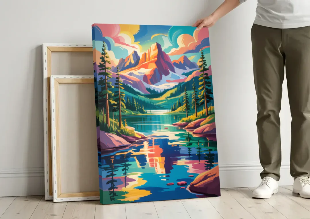 Rocky Mountain Serenity canvas wall art leaning against a wall next to blank canvases
