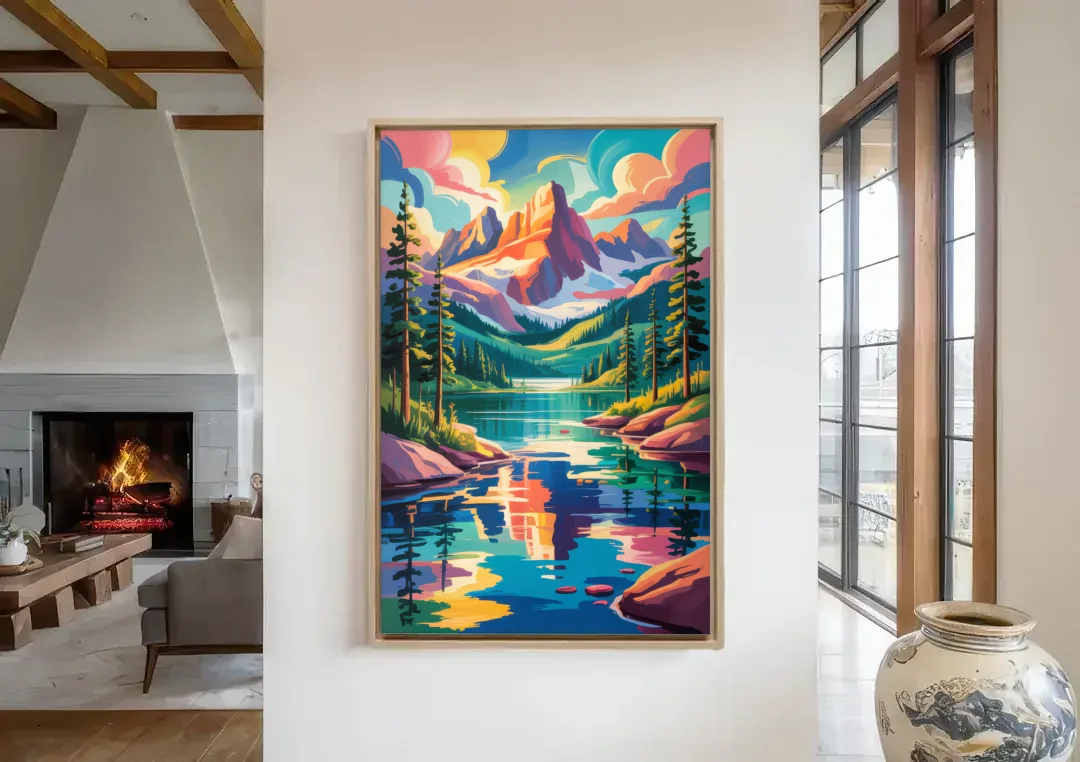 Rocky Mountain Serenity canvas wall art in a living room with a fireplace