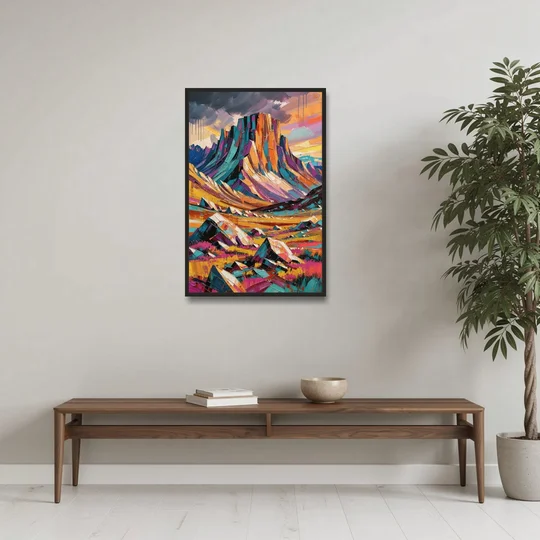 Expressive Rocky Mountain Tundra Storm - Black Framed Canvas Wall Art - Coffee Table - 24x36