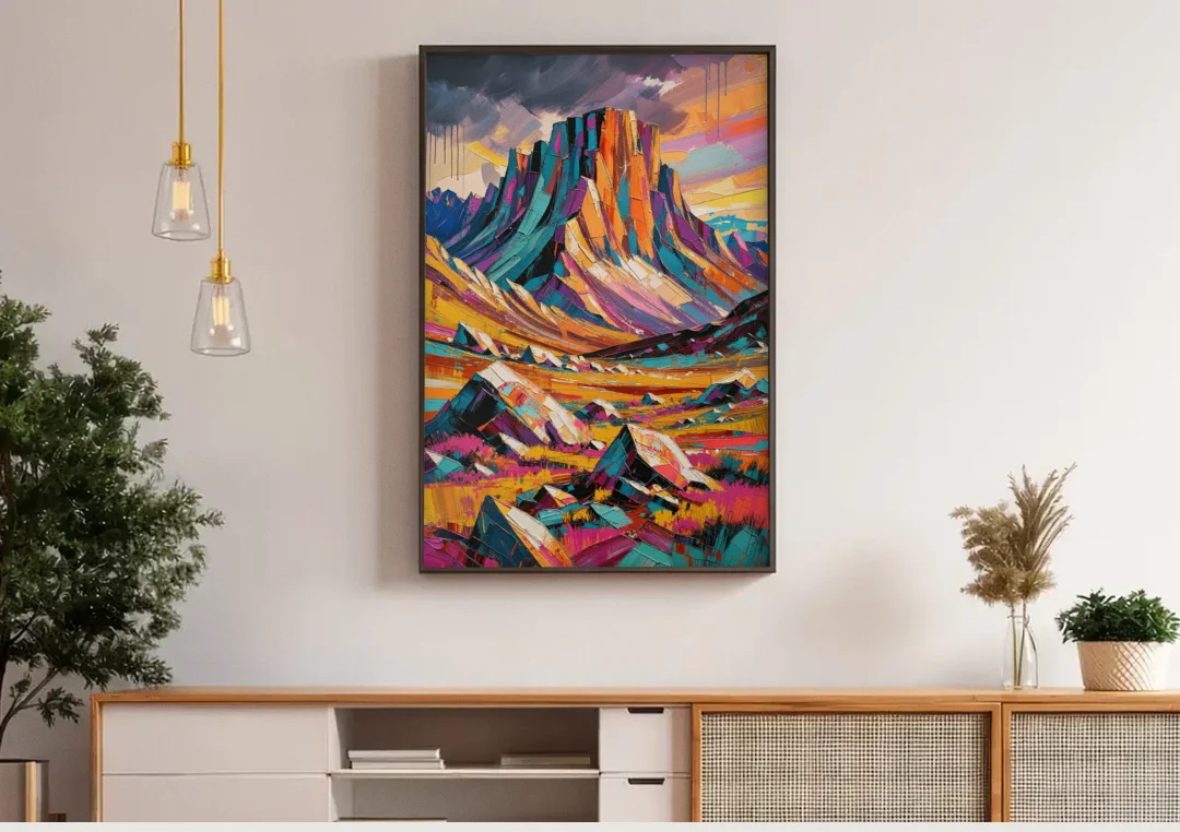 Expressive Rocky Mountain Tundra Storm canvas wall art above a wooden sideboard under pendant lights