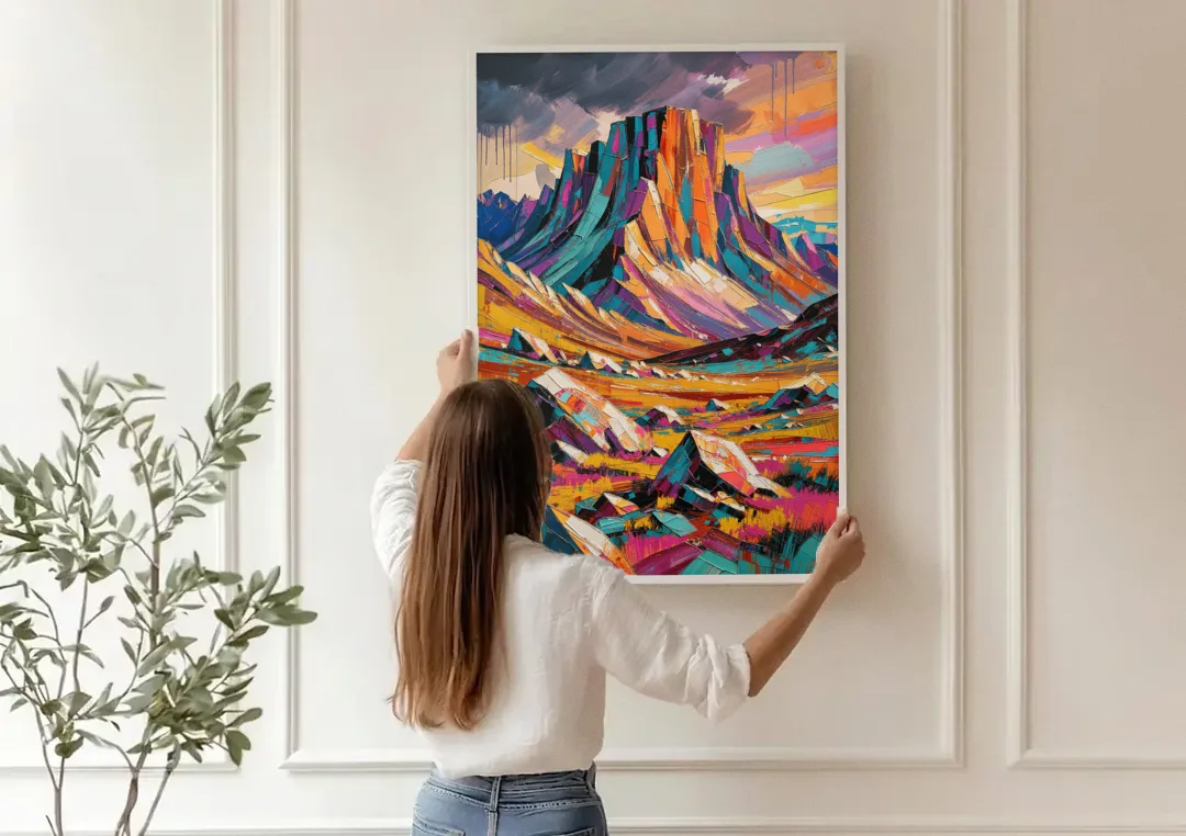 Expressive Rocky Mountain Tundra Storm canvas wall art being hung on a paneled wall