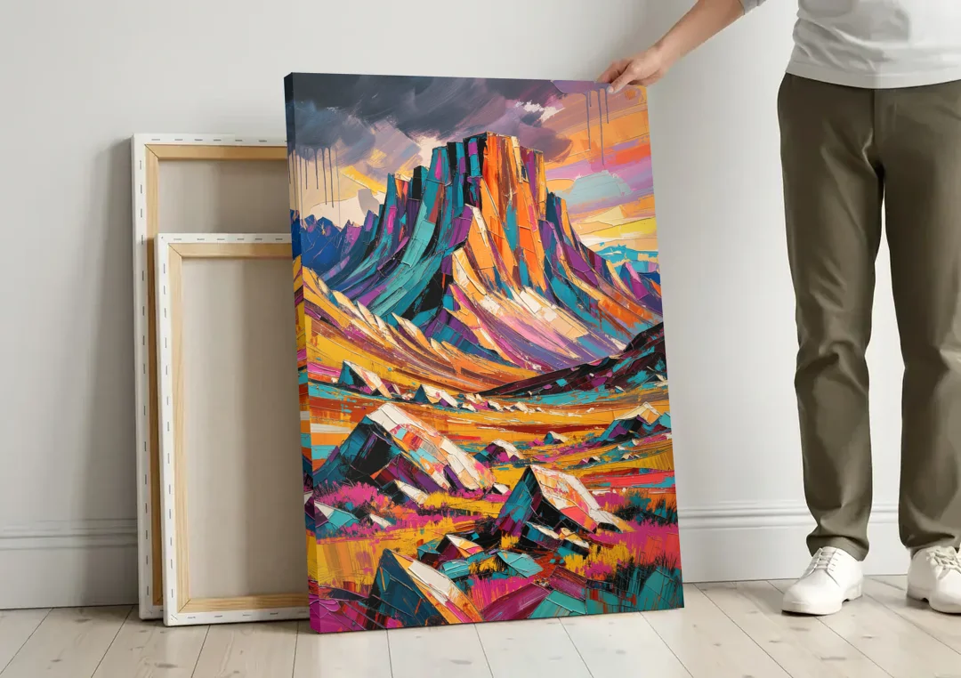Expressive Rocky Mountain Tundra Storm canvas wall art leaning against a wall next to blank canvases