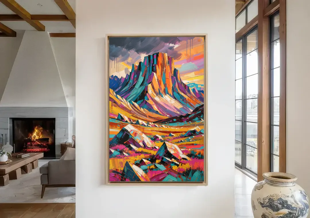 Expressive Rocky Mountain Tundra Storm canvas wall art in a living room with a fireplace