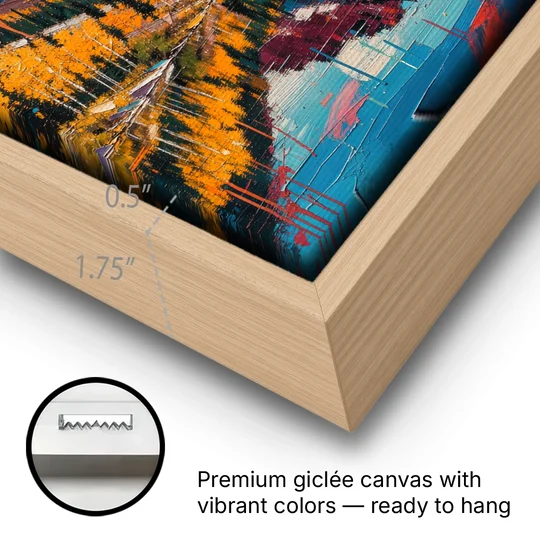 Rocky Mountains Painting of Maroon Bells - Oak Framed Canvas Wall Art - Gallery Wrap Corner
