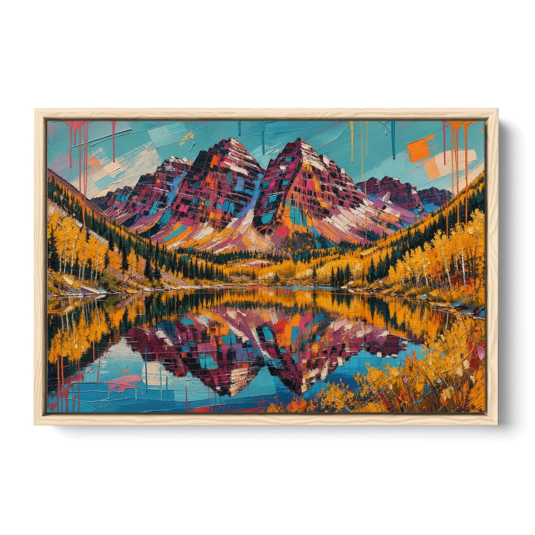 Rocky Mountains Painting of Maroon Bells - Oak Framed Canvas Wall Art - Front