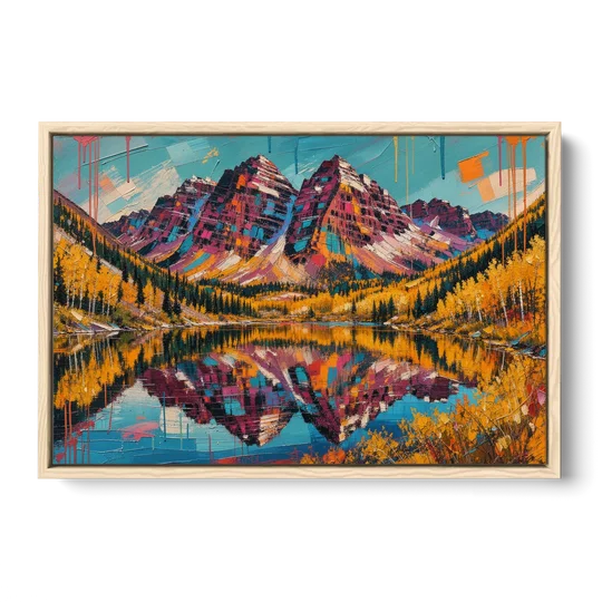 Rocky Mountains Painting of Maroon Bells - Oak Framed Canvas Wall Art - Front