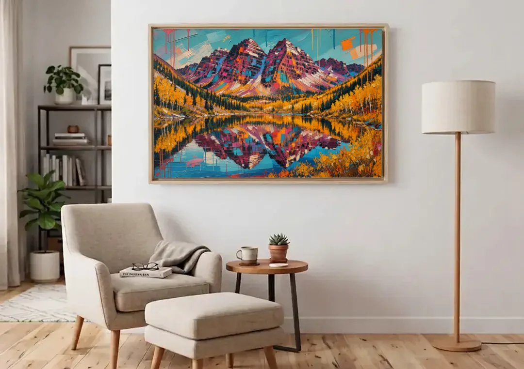 Rocky Mountains Painting of Maroon Bells canvas wall art above an armchair in a bright living room