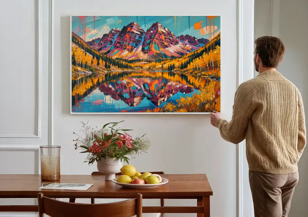 Rocky Mountains Painting of Maroon Bells canvas wall art above a dining table