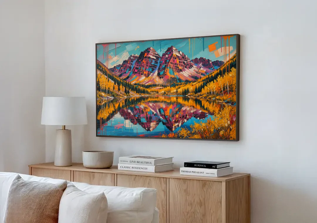 Rocky Mountains Painting of Maroon Bells canvas wall art above a wooden sideboard next to a sofa
