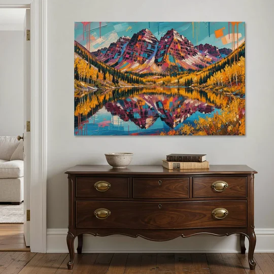 Rocky Mountains Painting of Maroon Bells - Canvas Wall Art - Coffee Table - 60x40
