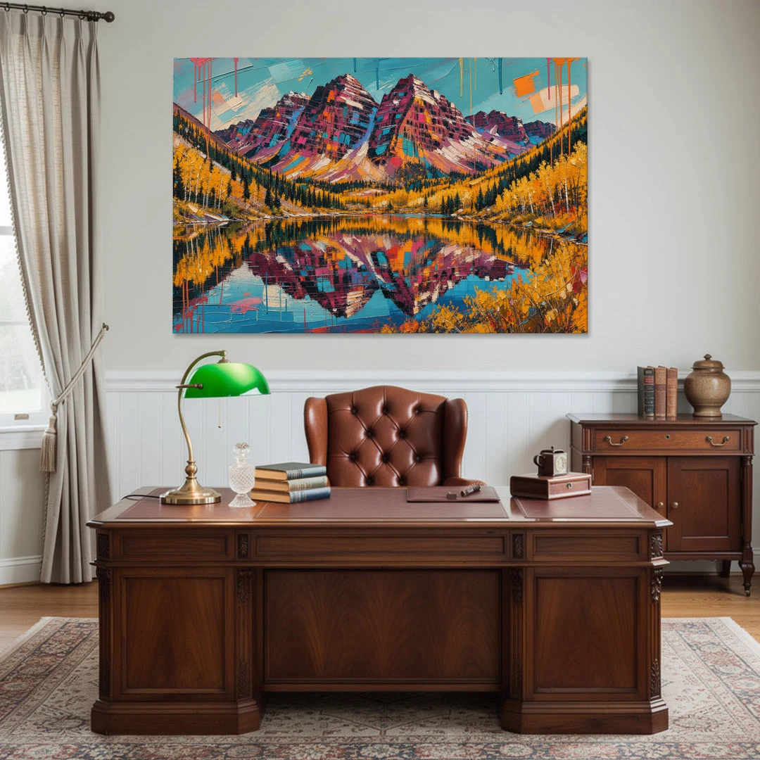 Rocky Mountains Painting of Maroon Bells - Canvas Wall Art - Office - 60x40