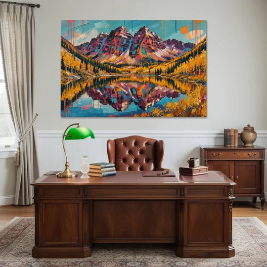 Rocky Mountains Painting of Maroon Bells - Canvas Wall Art - Office - 60x40
