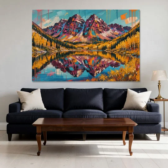Rocky Mountains Painting of Maroon Bells - Canvas Wall Art - Sofa - 60x40