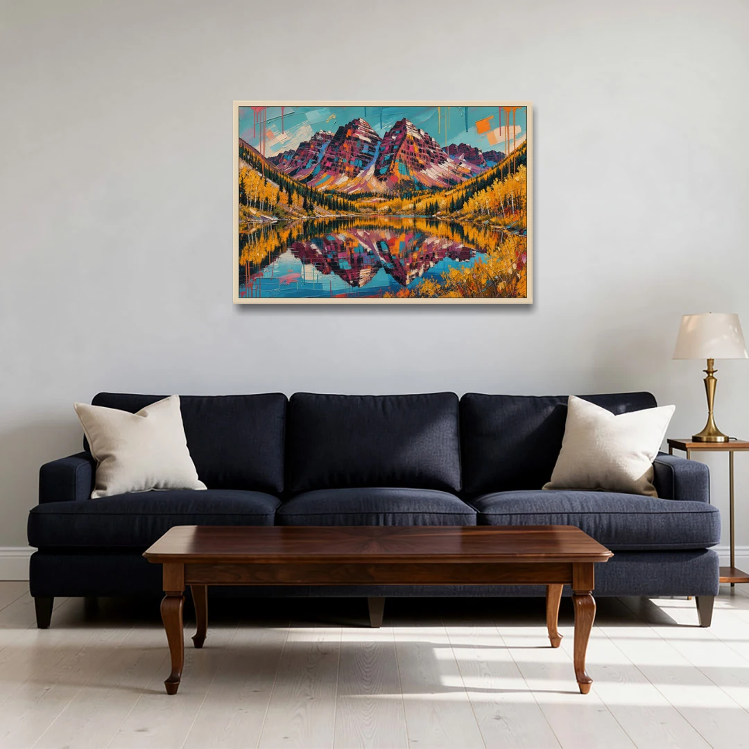 Rocky Mountains Painting of Maroon Bells - Oak Framed Canvas Wall Art - Sofa - 36x24