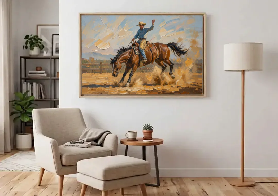 Rodeo Wall Art of the Bucking Bronco canvas wall art above an armchair in a bright living room