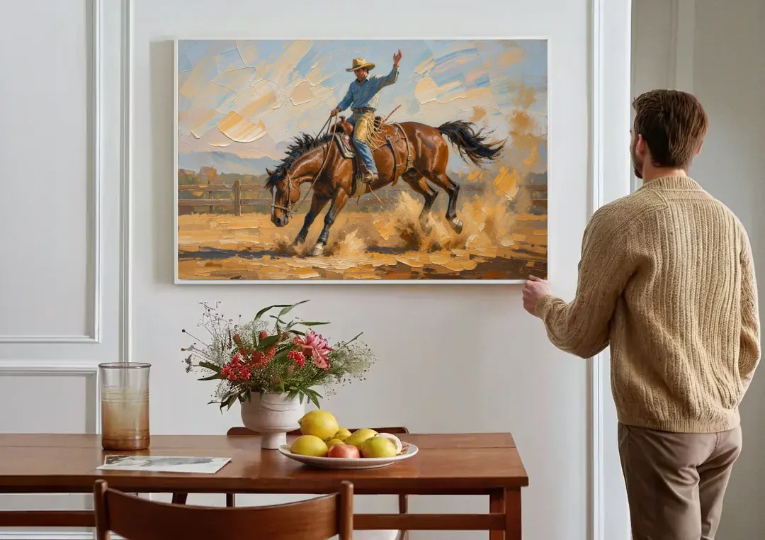 Rodeo Wall Art of the Bucking Bronco canvas wall art above a dining table