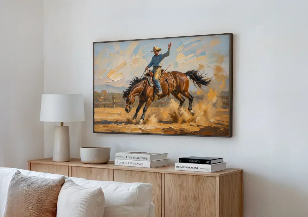 Rodeo Wall Art of the Bucking Bronco canvas wall art above a wooden sideboard next to a sofa