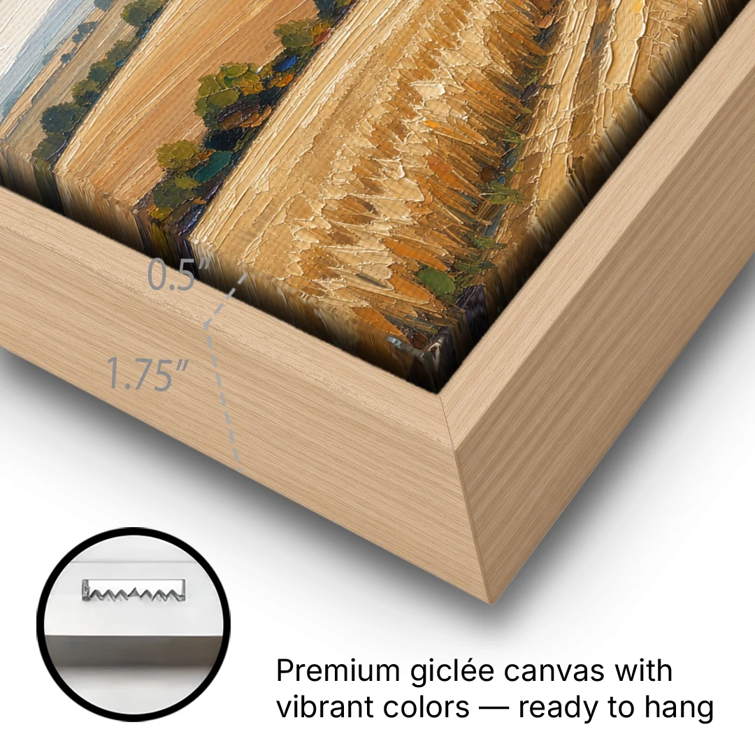 Rolling Hills Landscape Painting in Harvest Gold - Oak Framed Canvas Wall Art - Gallery Wrap Corner