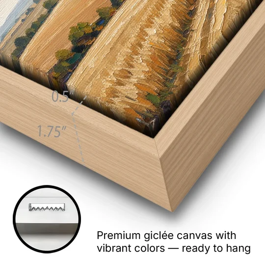 Rolling Hills Landscape Painting in Harvest Gold - Oak Framed Canvas Wall Art - Gallery Wrap Corner
