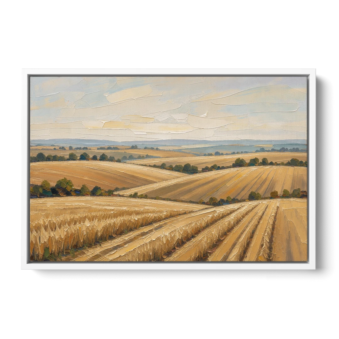 Rolling Hills Landscape Painting in Harvest Gold - White Framed Canvas Wall Art - Front
