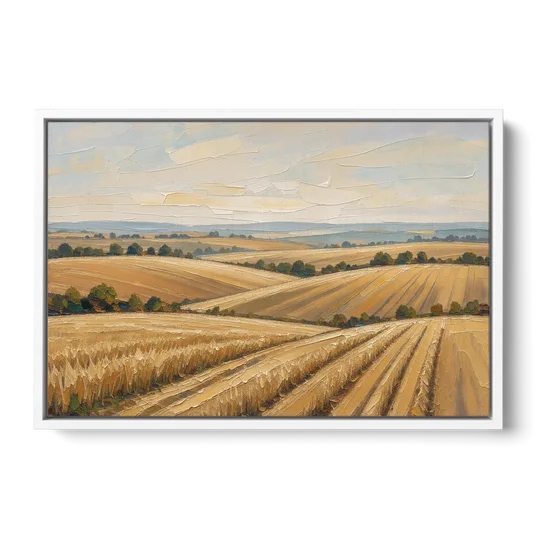 Rolling Hills Landscape Painting in Harvest Gold - White Framed Canvas Wall Art - Front