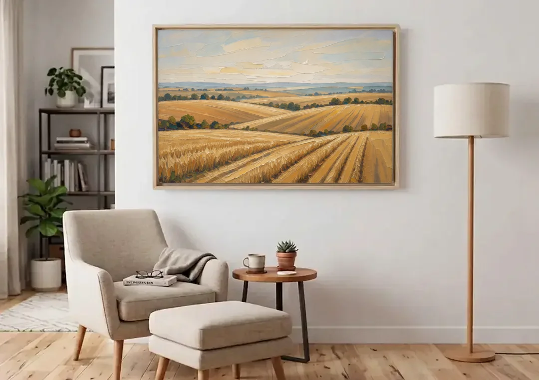 Rolling Hills Landscape Painting in Harvest Gold canvas wall art above an armchair in a bright living room