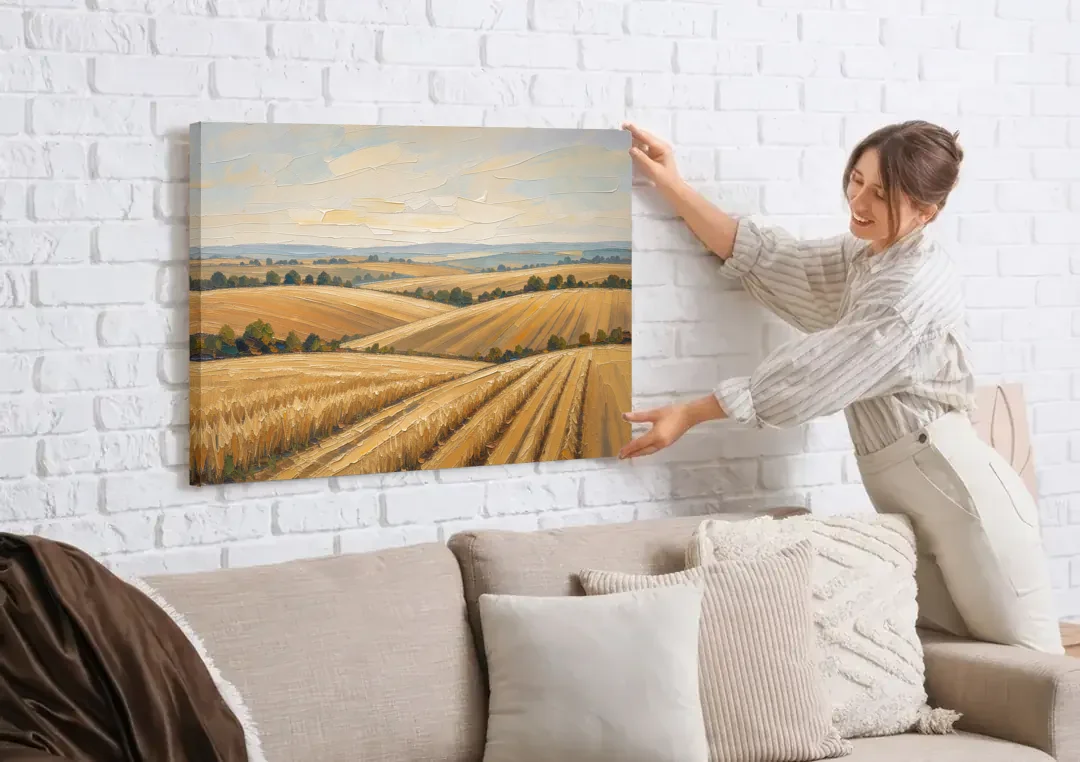 Rolling Hills Landscape Painting in Harvest Gold canvas wall art being hung on a white brick wall above a sofa