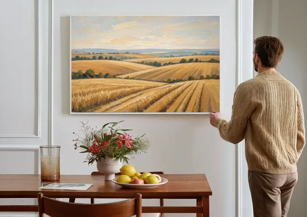 Rolling Hills Landscape Painting in Harvest Gold canvas wall art above a dining table