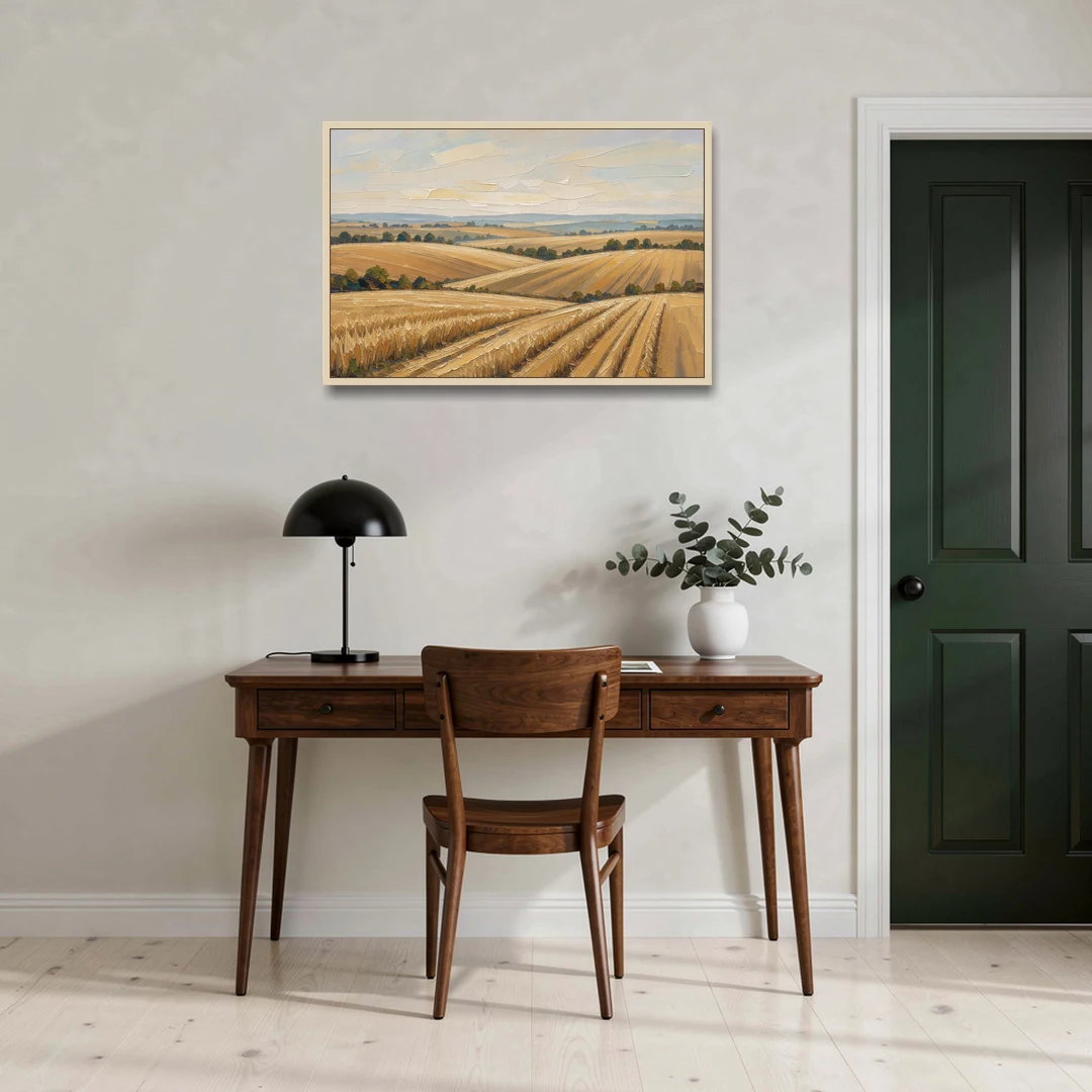 Rolling Hills Landscape Painting in Harvest Gold - Oak Framed Canvas Wall Art - Office - 36x24