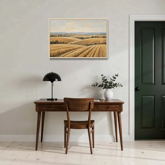Rolling Hills Landscape Painting in Harvest Gold - Oak Framed Canvas Wall Art - Office - 36x24