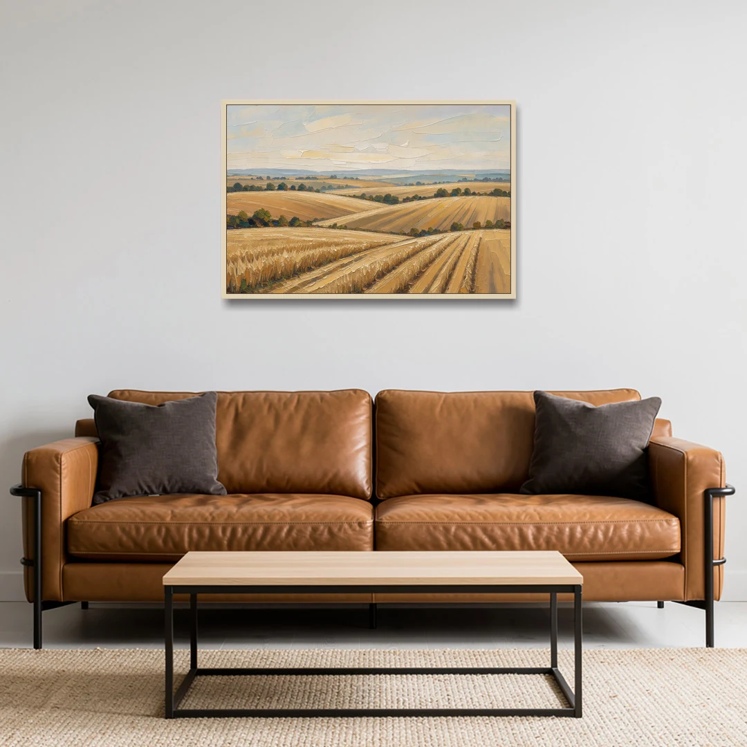 Rolling Hills Landscape Painting in Harvest Gold - Oak Framed Canvas Wall Art - Sofa - 36x24