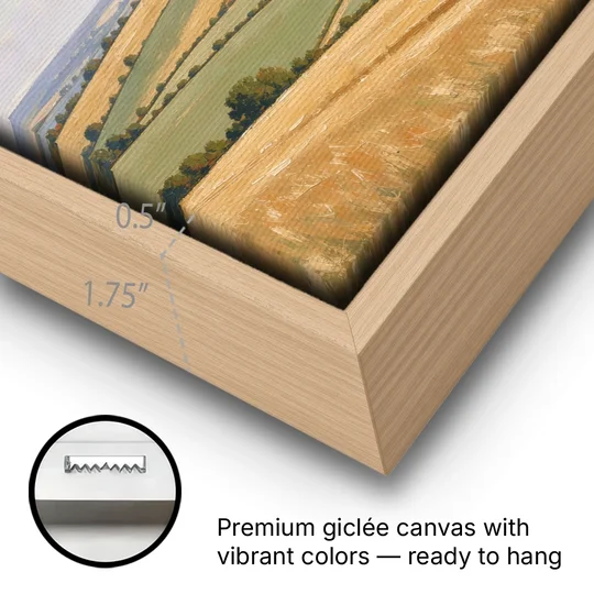 Rolling Hills Painting of Golden Hay and Sage - Oak Framed Canvas Wall Art - Gallery Wrap Corner