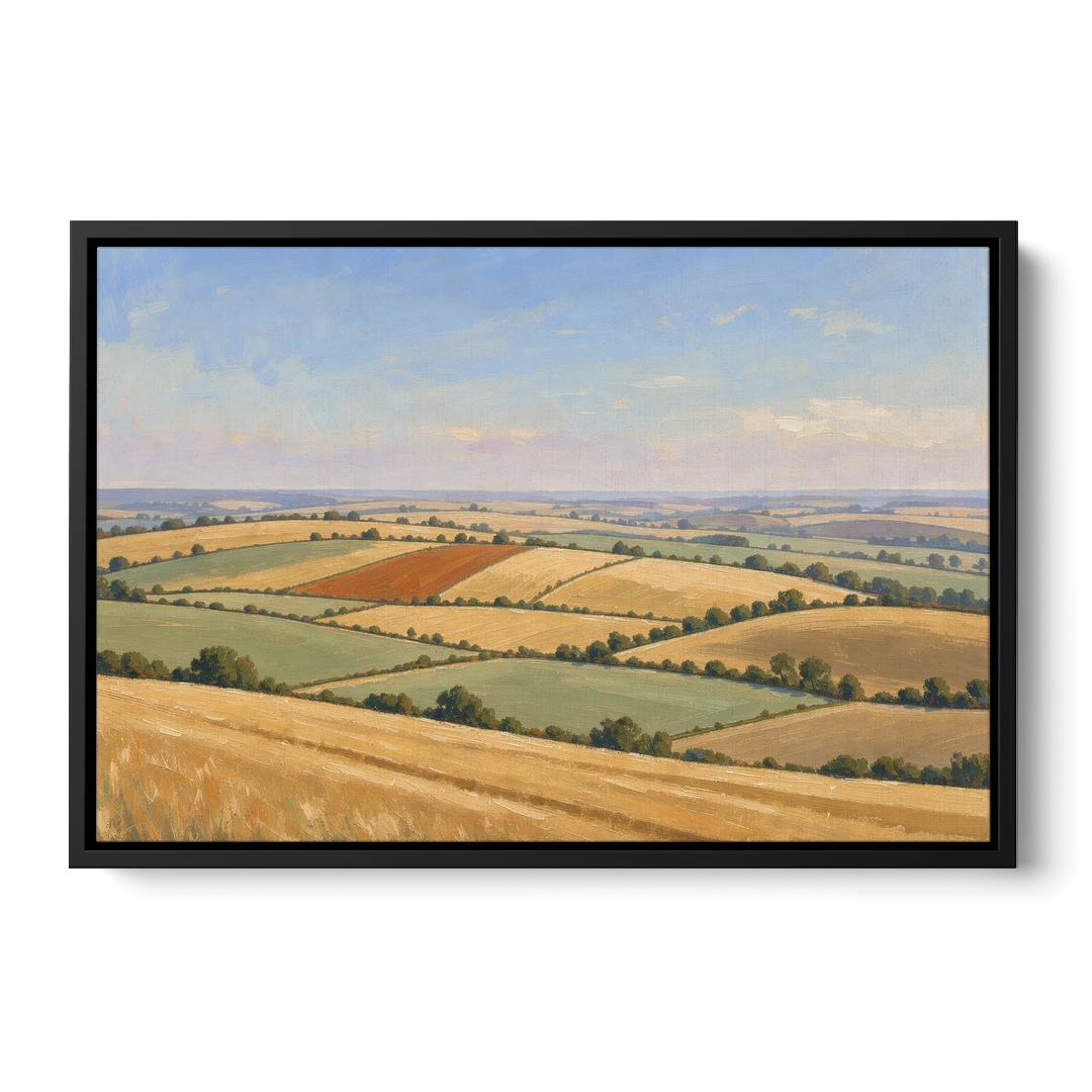 Rolling Hills Painting of Golden Hay and Sage - Black Framed Canvas Wall Art - Front