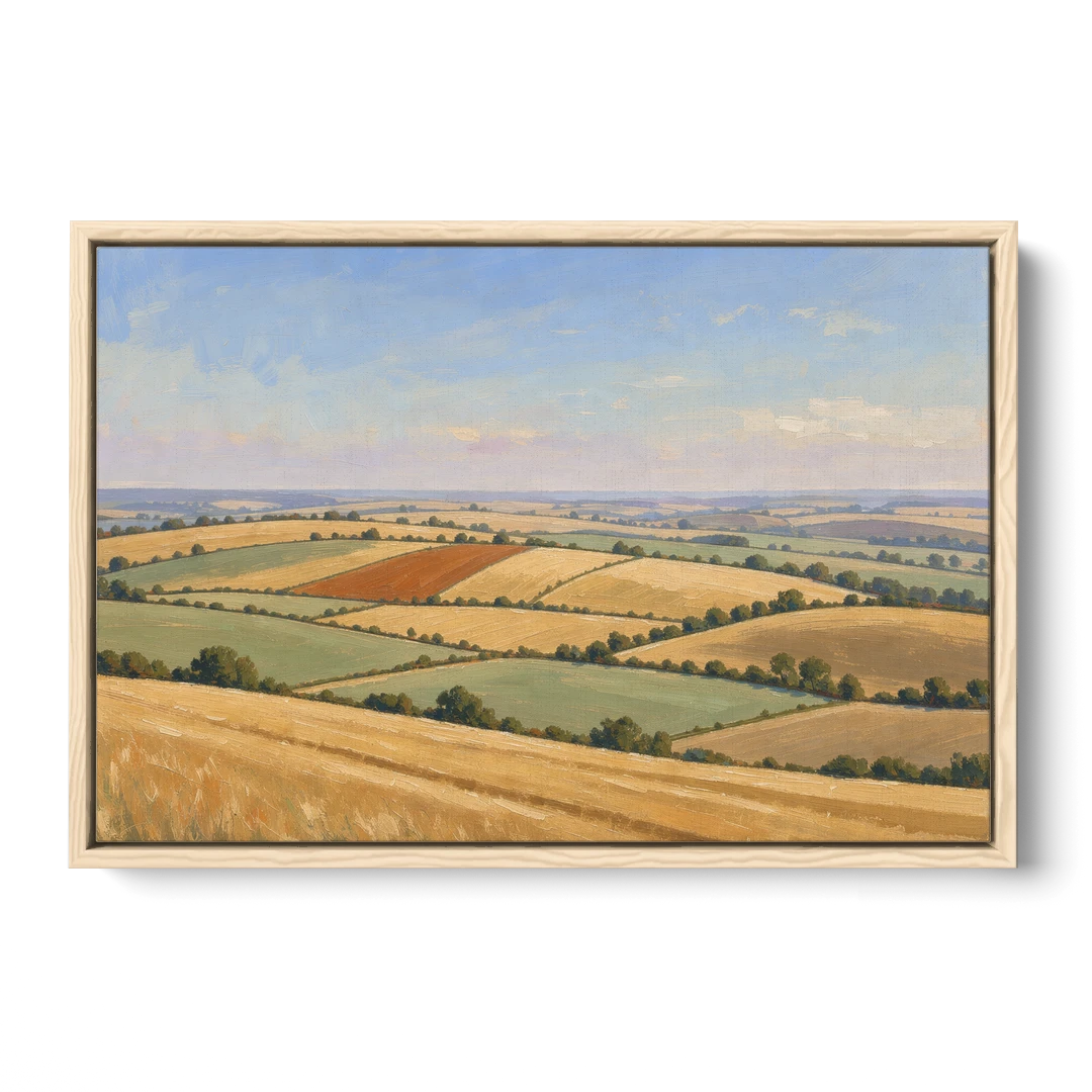 Rolling Hills Painting of Golden Hay and Sage - Oak Framed Canvas Wall Art - Front