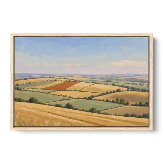 Rolling Hills Painting of Golden Hay and Sage - Oak Framed Canvas Wall Art - Front