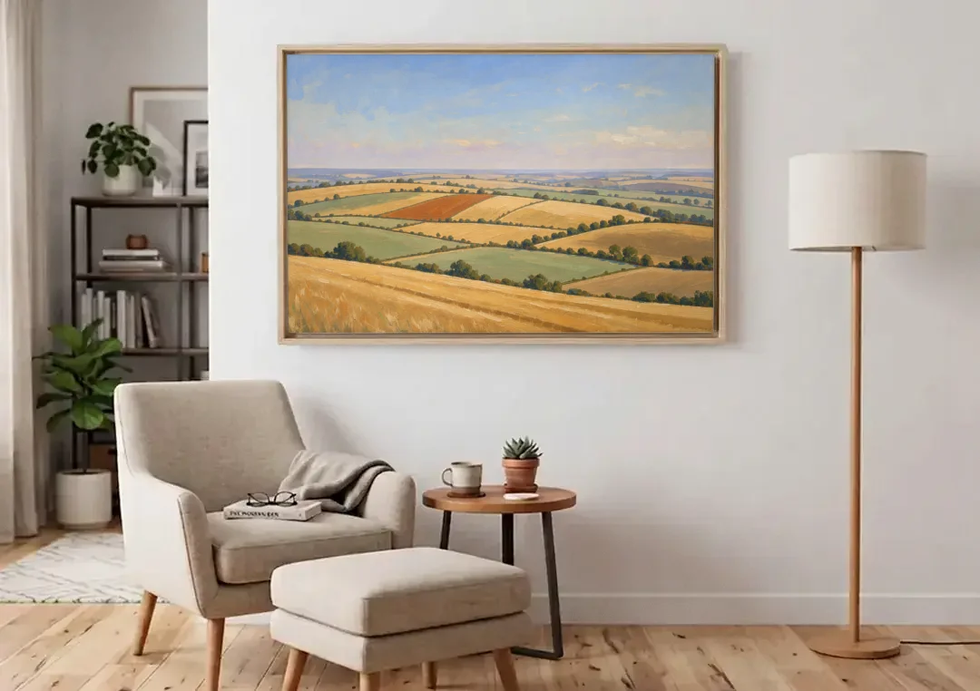 Rolling Hills Painting of Golden Hay and Sage canvas wall art above an armchair in a bright living room