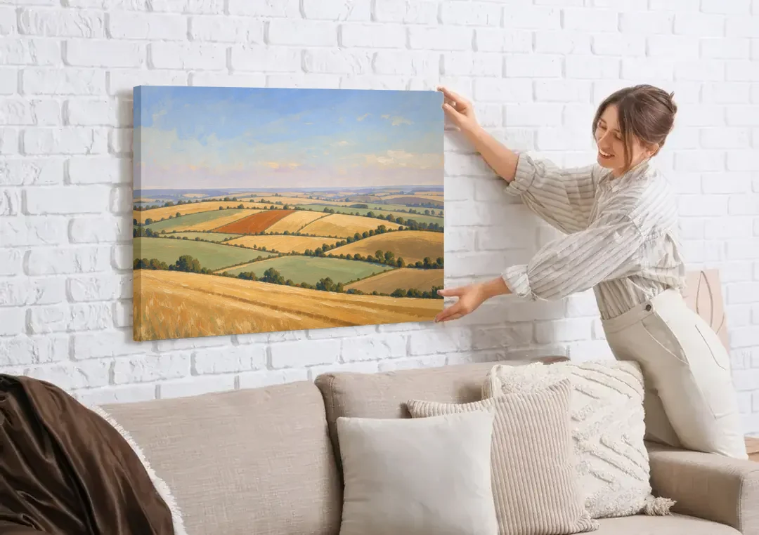 Rolling Hills Painting of Golden Hay and Sage canvas wall art being hung on a white brick wall above a sofa