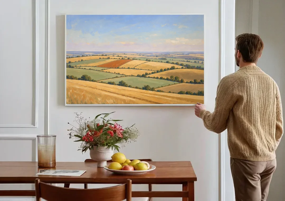 Rolling Hills Painting of Golden Hay and Sage canvas wall art above a dining table